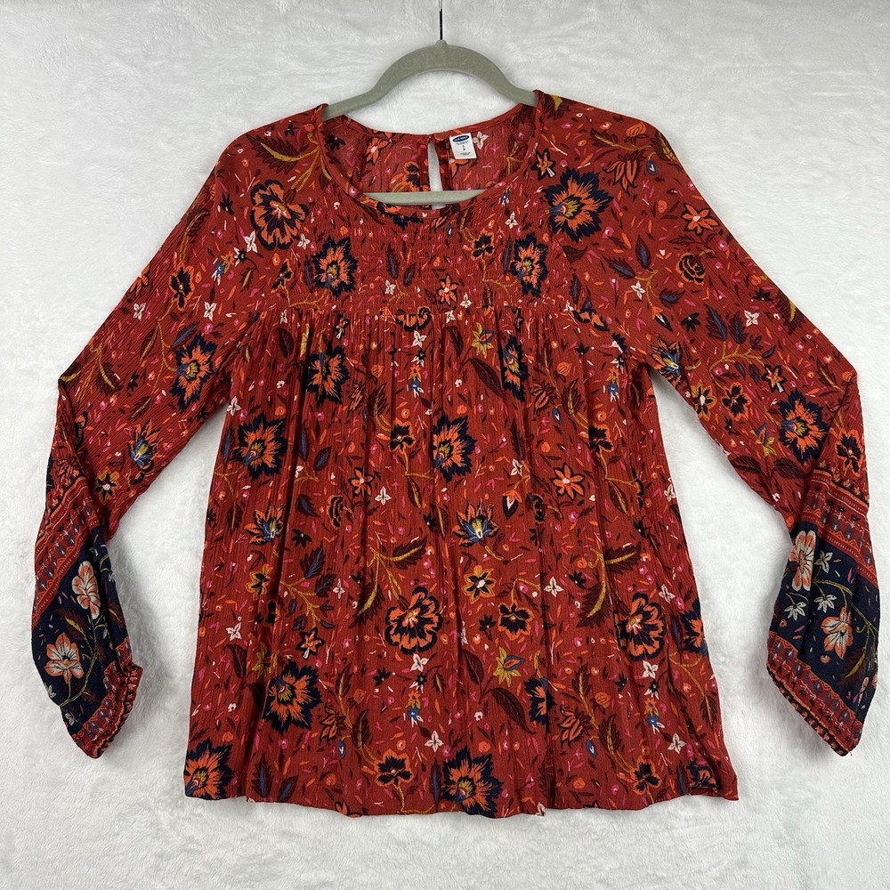 Old Navy Womens Red Multi Color Rayon Floral Top S Peasant Flowy